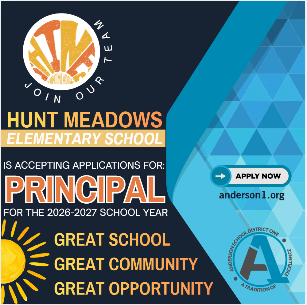 A graphic with the Hunt Meadows logo advertising a principal position for the 2026-2027 school year. Encourages people to apply at anderson1.org