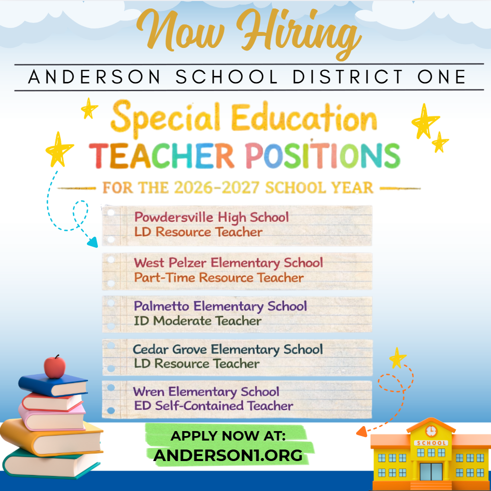 A graphic with school photos on it advertising for several special education positions available in Anderson One. 