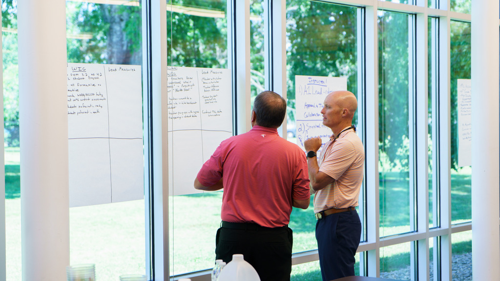 Staff members collaborate and map out their vision for the upcoming school year using paper on the windows