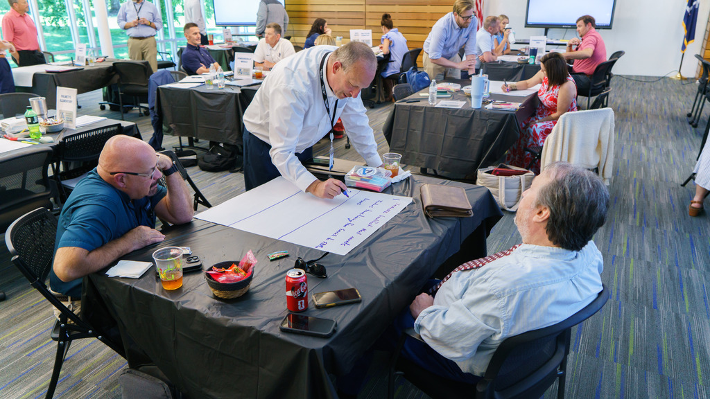 Staff members collaborate and map out their vision for the upcoming school year by writing on a big piece of paper