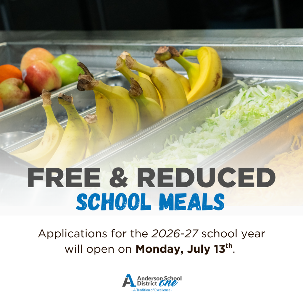 Apples, bananas, and lettuce in a picture with text that says Free and Reduced School meals applications for the 2026-27 school year will open on Monday, July 13th