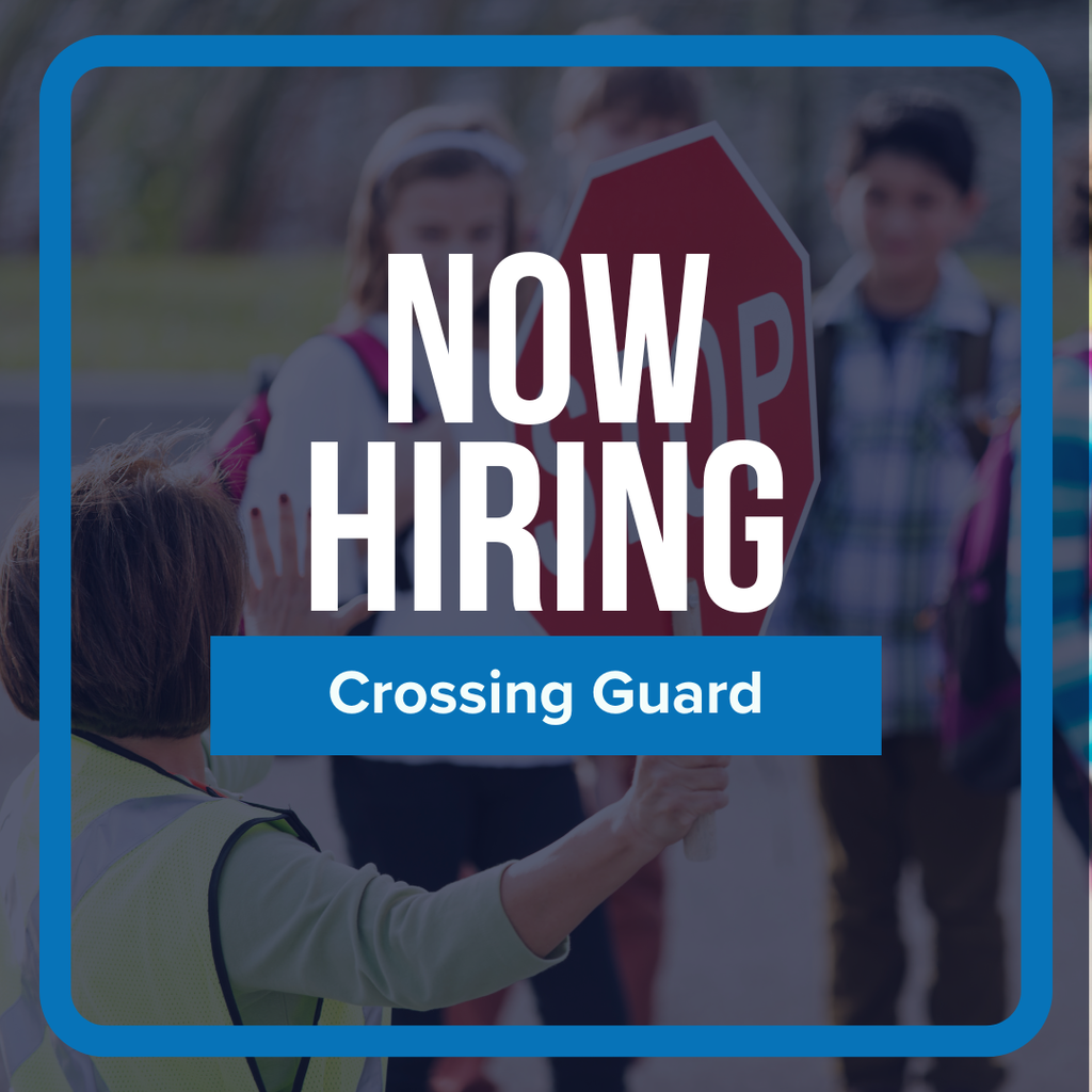 A crossing guard directing traffic for students with a stop sign. The text says now hiring crossing guard