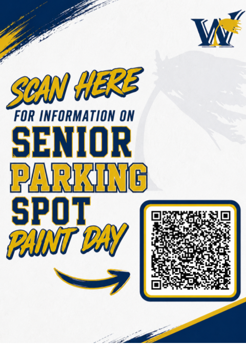 Large text reads, "Scan Here for Information on Senior Parking Spot Paint Day." A curved arrow points to a QR code. The design features navy and gold colors, the Wren "W" logo in the upper right corner, and a subtle hurricane tree watermark in the background.