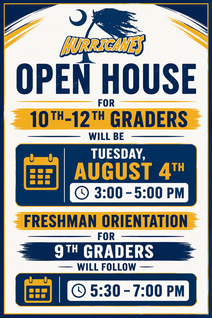 Navy, gold, and white flyer featuring the Wren Hurricanes logo. The flyer announces Open House for 10th–12th graders on Tuesday, August 4, from 3:00–5:00 p.m., followed by Freshman Orientation for 9th graders from 5:30–7:00 p.m. The design includes calendar and clock icons and Wren High School branding.