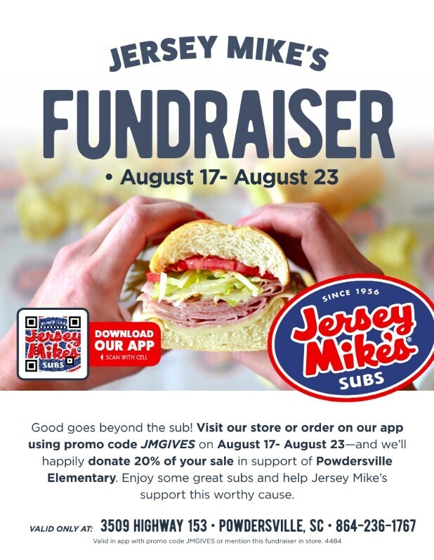 Good goes beyond the sub! Visit our store or order on our app using promo code JMGIVES on August 17- August 23—and we’ll happily donate 20% of your sale in support of Powdersville Elementary. Enjoy some great subs and help Jersey Mike’s  support this worthy cause.