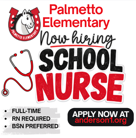 A Job posting for a school nurse position at Palmetto Elementary School. It says its full time and RN required, BSN preferred. Apply now at anderson1.org