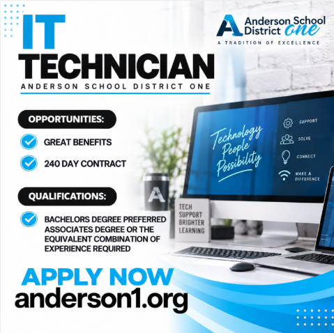 A job posting for an IT Technician at Anderson One. It says it offers great benefits and a 240 day contract. Bachlors degree is preferred, associates degree, or the equivalent combination of experience required. 