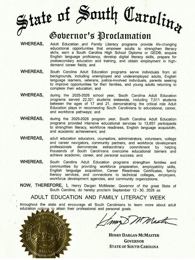 picture of the state of SC Governor's Proclamation of Adult Education and Family Literacy Week