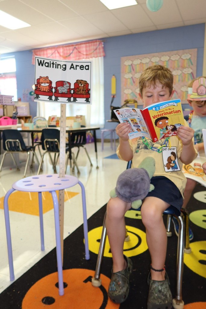 A student reads a book about veterinarians while participating in a classroom veterinary clinic activity.