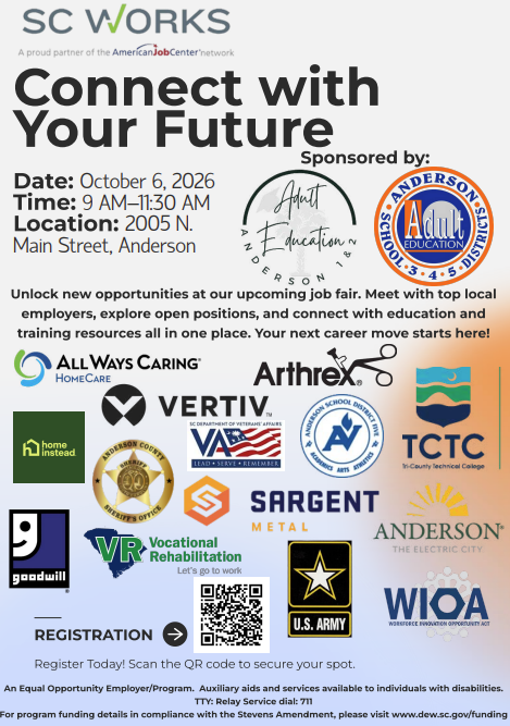 flyer for career fair on October 6, 2026 from 9am-11:30am at Anderson Adult Education at 2005 N. Main Street, Anderson, SC 29621