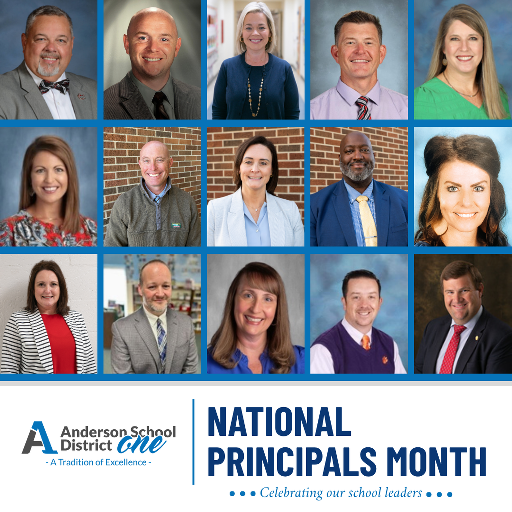 A photo grid with pictures of each school principal and text that reads National Principals Month- Celebrating our School leaders with the district logo 
