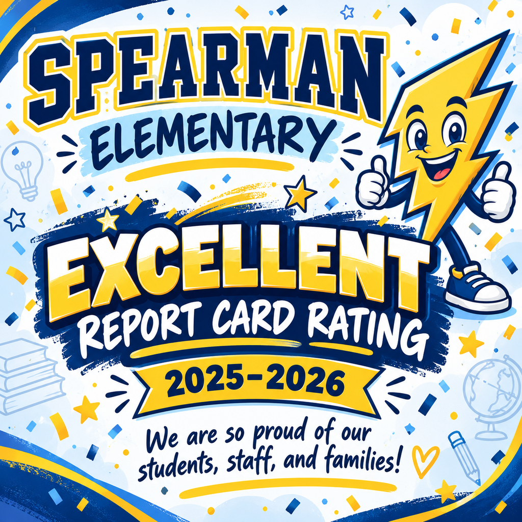 Graphic Spearman Elementary Excellent Report Card Rating with lighting bolt and yellow, blue decorations