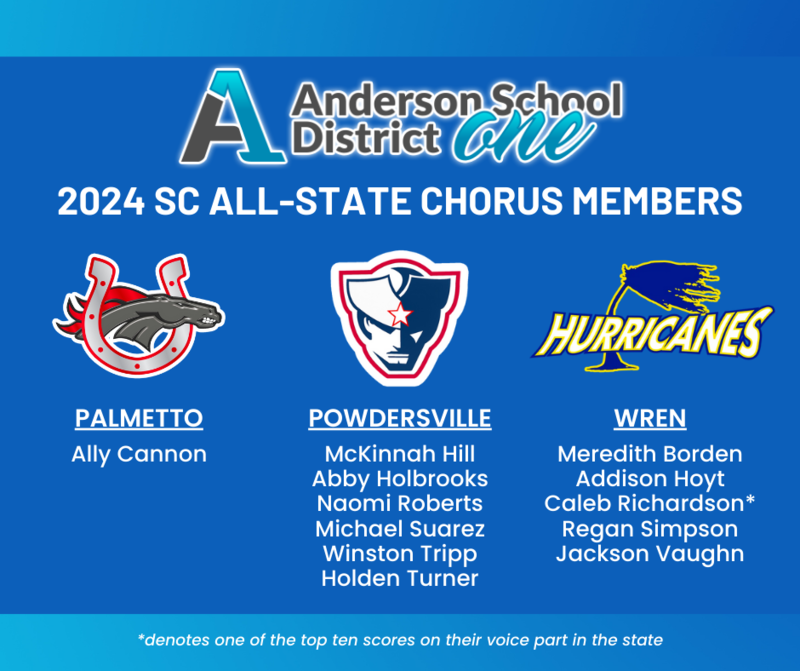 2024 SC All-State Chorus Members are listed for each school. Palmetto: Ally Cannon,. Powdersville: McKinnah Hill, Abby Holbrooks, Naomi Roberts, Micahel Suarez, Winston Tripp, Holden Turner. Wren: Meredith Borden, Addison Hoyt, Caleb Richardson, Regan Simpson, Jackson Vaughn