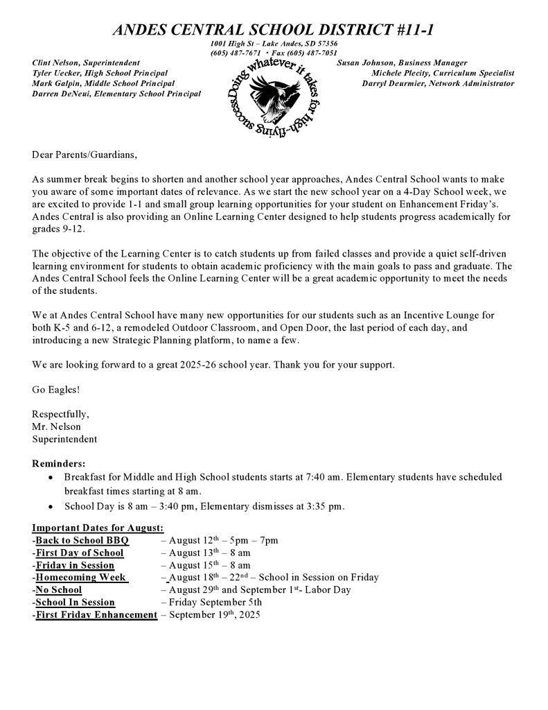 2025-26 Letter to Parents