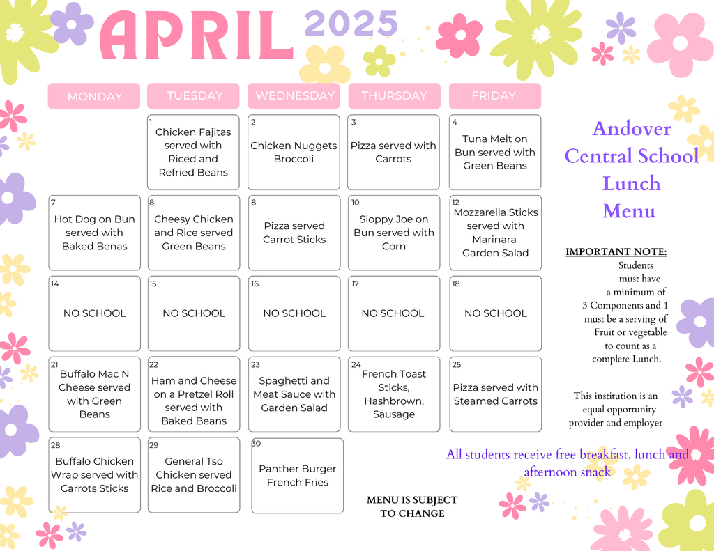 Andover CSD April 2025 Lunch Menu