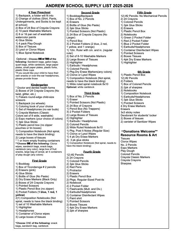 2025-2026 School Year Supply List