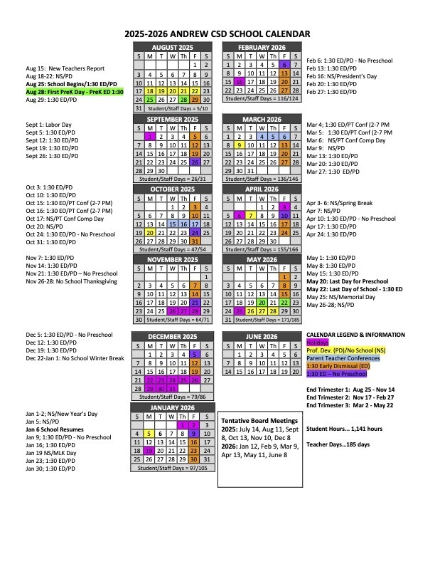 2025-26 Andrew School Calendar
