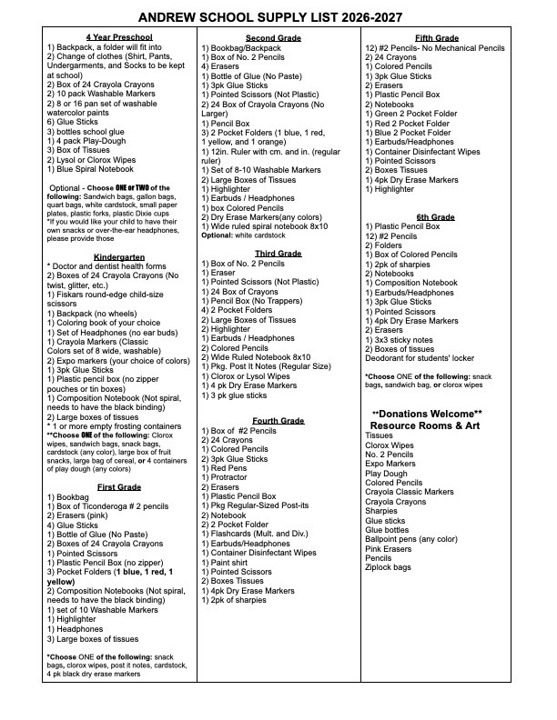 2026-27 School Supply List