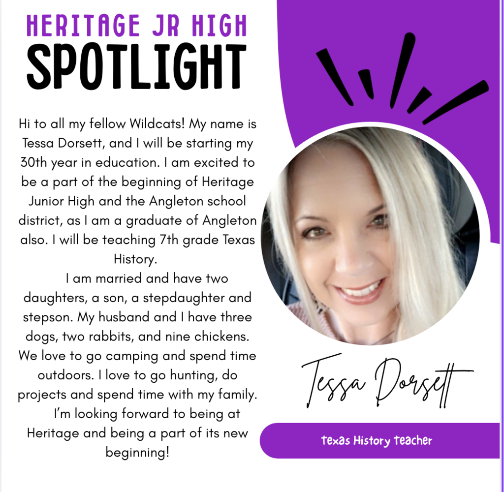 Please welcome Mrs. Dorsett to Heritage Junior High!