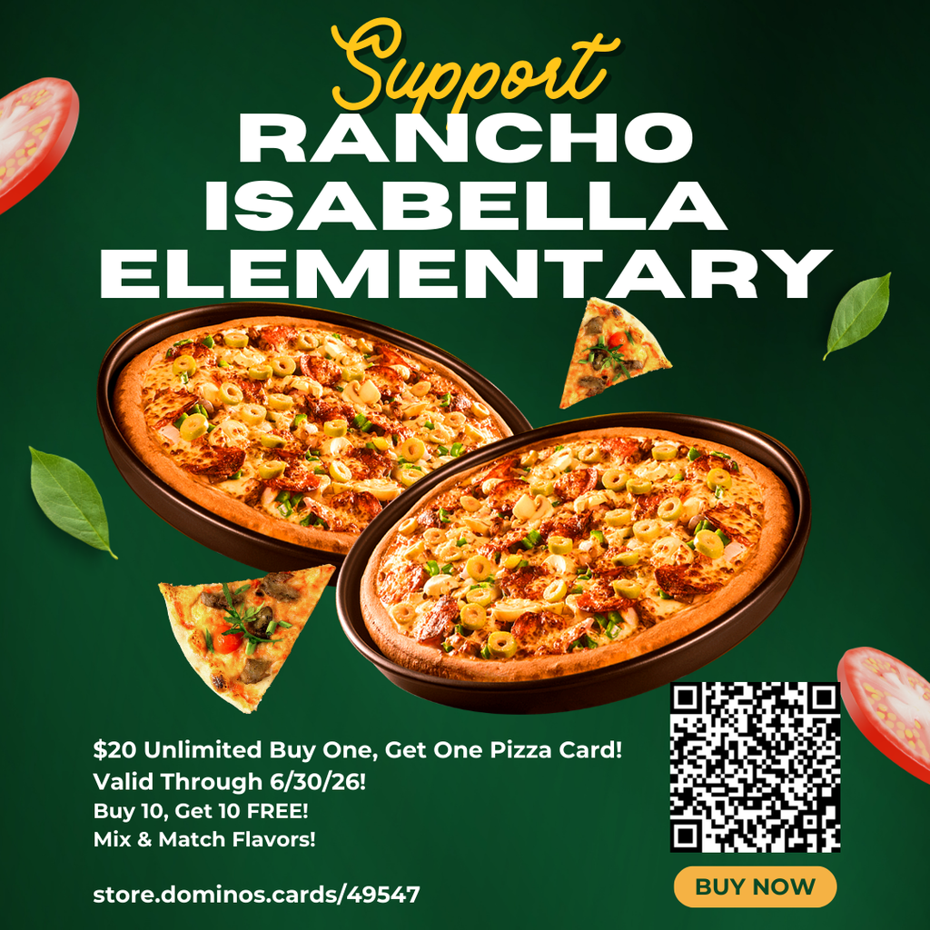 💡 Did you know? The Slice the Price card is only $20 and can be used over and over again until June 2026! That’s unlimited pizza savings while helping Rancho Isabella students. 🍕 PLUS – the class with the most sales wins a pizza party! 🎊 📌 Order through a Rancho student’s order form OR online: https://store.dominos.cards/49547