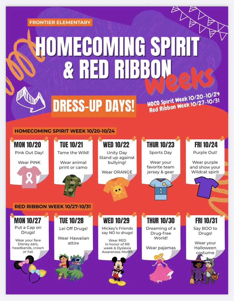 Please join us in participating in the Homecoming Spirit Week and Red Ribbon Week!