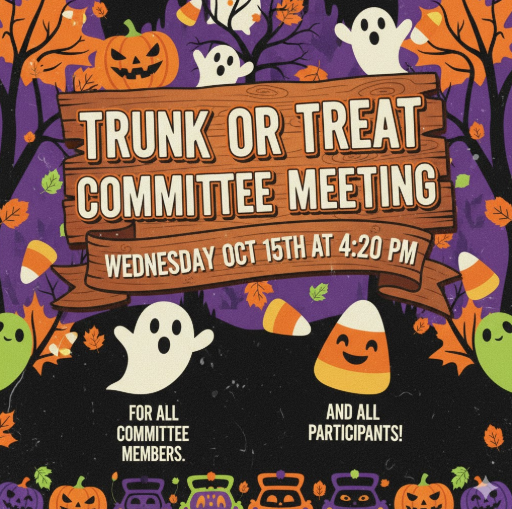 This coming Wednesday we will have a trunk or treat meeting at 4:20 in the Rancho library. This meeting will be for all of the committee members as well all the participants who signed up to be a part of the trunk or treat. I hope you can make it!