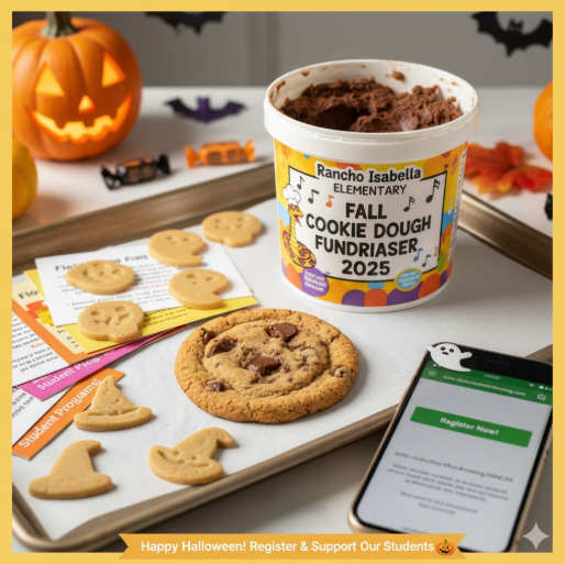 Happy Halloween, Rancho Families! 🎃 As you're enjoying the holiday, don't forget our Cookie Dough Fundraiser is a treat that keeps on giving!   Every tub of dough sold directly benefits your student by funding those unforgettable field trips and enriching school programs. Did your student bring home their packet? Great! Now, please take 30 seconds to register them online—it's the crucial step!