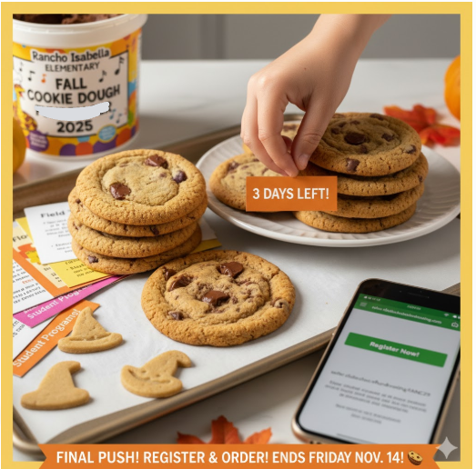 Just 3 days left in the Rancho Isabella Cookie Dough Fundraiser! The last chance to make a difference is this Friday, November 14th.  If you've registered and shared, thank you! If you still need to get your student set up, please register online immediately to start collecting final orders:  Register Now! https://seller.clubschoicefundraising.com/Home/SchoolPage/RANC29  Every order makes a huge difference for our Rattler students! Don't miss out!