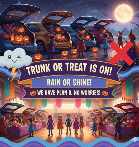 Don't let the forecast scare you away! Our Trunk or Treat event tonight is happening rain or shine! We've prepared a Plan B just in case, ensuring a safe and fun trick-or-treating experience for all. Get your costumes ready, because we're not letting a little weather stop the fun!