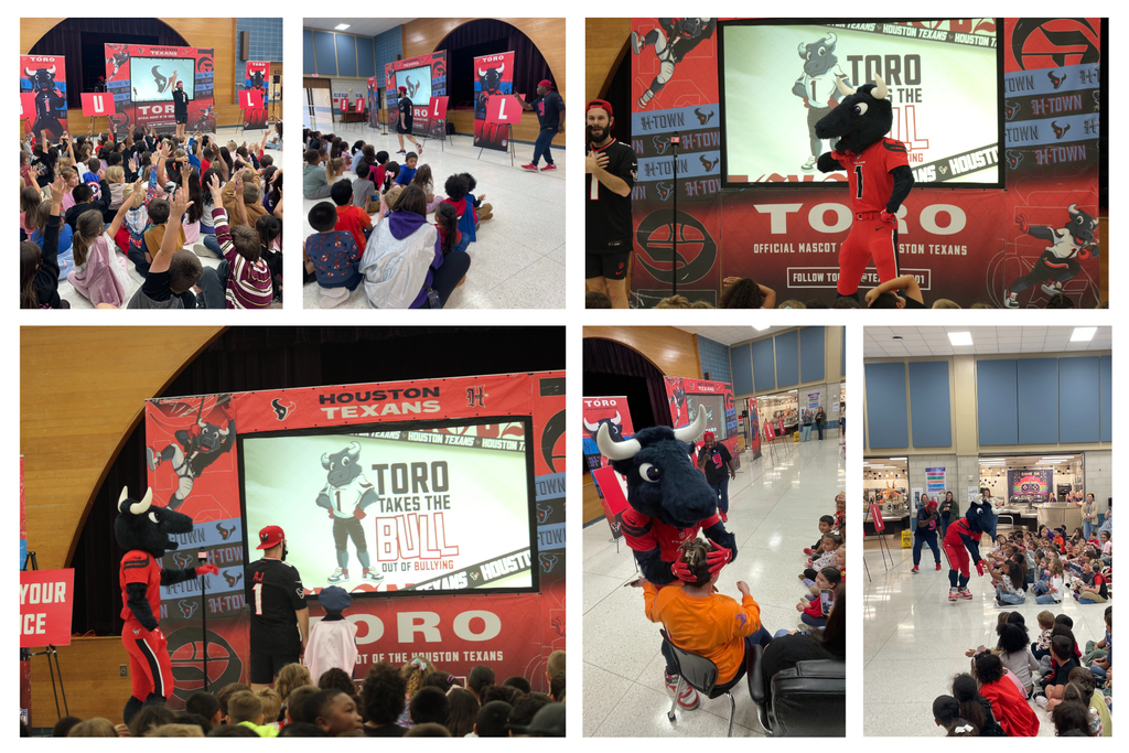 We had an unforgettable day as TORO, the Houston Texans mascot, paid us a special visit!   More than just a fun appearance, TORO shared a super important message with our students about bullying prevention. It's crucial for us to learn how to be kind, stand up for one another, and build a safe, welcoming school community.  The day ended with smiles and autographs for everyone—a great reminder that when we team up against bullying, everybody wins!  #AntiBullying #TORO #HoustonTexans #CommunityInvolvement #GreatThingsHappening