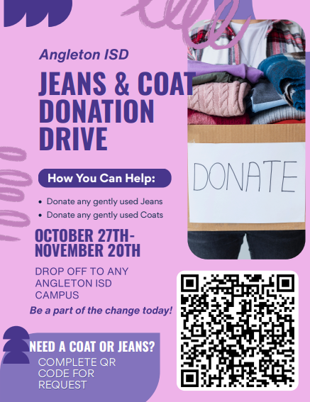 Tick-Tock! Only ONE WEEK LEFT for the Angleton ISD Jeans & Coat Donation Drive!  We need your help to fill the last requests before the deadline on November 20th. A gently used coat or pair of jeans can make a huge difference in a student's comfort and confidence as the weather gets colder.  Please bring your donations to any Angleton ISD campus this week!   Need a Coat or Jeans? We are fulfilling requests daily. Use the link below to submit a request for your student:  Request Form Link: https://docs.google.com/forms/d/e/1FAIpQLSfGAfR6l3SwZAUsPYmQo5jQKzYIoJLaw_nk2bAYWaUzrtlXrA/viewform?usp=header  #AngletonISD #FinalPush #OneWeekToGo #DonateNow