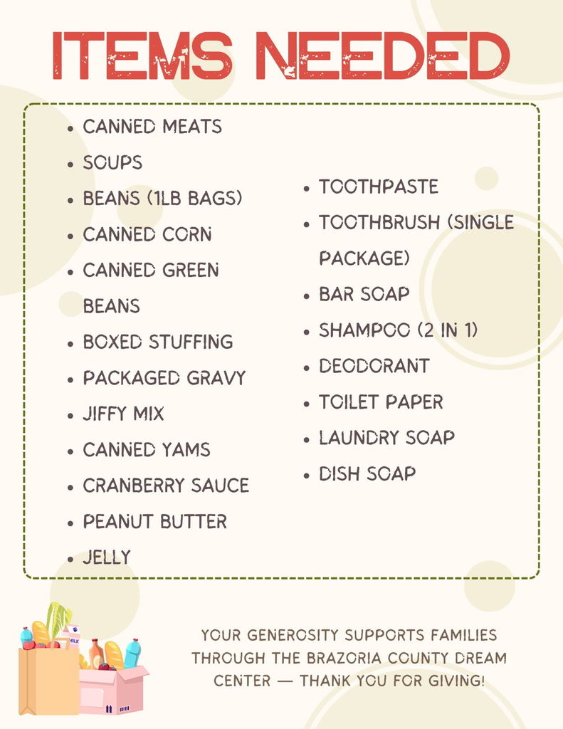 The Angleton Assassins Baseball team is hosting a Food Drive partnered with the Brazoria County Dream Center.  Help us support families right here in our community by donating to the Brazoria County Dream Center! We are collecting both non-perishable food items and essential personal/household items.  When to Donate: November 6–17 | 8:30 AM – 3:30 PM (Monday - Friday)  Where to Donate: Rancho Isabella Elementary School 100 Corral Loop, Angleton, TX 77515 (Look for the donation box in the front vestibule!)  A few items needed include: Canned Meats, Soups, Canned Green Beans, Peanut Butter, Boxed Stuffing, Toilet Paper, Shampoo, and Laundry Soap. (See the flyer for a full list!)  Every donation makes a difference! Thank you for giving!