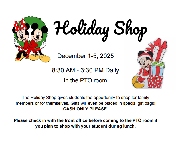 The Holiday Shop is OPEN! Welcome back! This is a friendly reminder that our Holiday Shop is officially open for this week only. It is a wonderful opportunity for students to experience the joy of giving by picking out gifts for their friends and family. Quick Reminders: Payment: Cash Only (please use the budget envelope sent home before break). Deadline: The shop closes this Friday, December 5th.