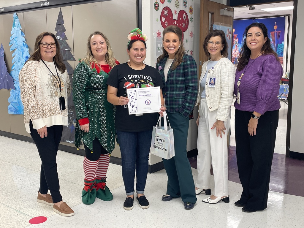 Spreading holiday cheer and well-deserved recognition through the halls today! A huge congratulations to our December Stars who shine so bright at our school.  Star Teacher: Mrs. Arias (Kindergarten) Star Support Staff: Mrs. Buentello (Principal's Secretary)  From the front office to the classroom, these two ladies make our days brighter. We loved seeing the excitement on the students’ faces when the "Elf Squad" came to visit! Thank you both for everything you do for our school family.