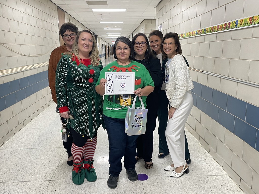 Spreading holiday cheer and well-deserved recognition through the halls today! A huge congratulations to our December Stars who shine so bright at our school.  Star Teacher: Mrs. Arias (Kindergarten) Star Support Staff: Mrs. Buentello (Principal's Secretary)  From the front office to the classroom, these two ladies make our days brighter. We loved seeing the excitement on the students’ faces when the "Elf Squad" came to visit! Thank you both for everything you do for our school family.