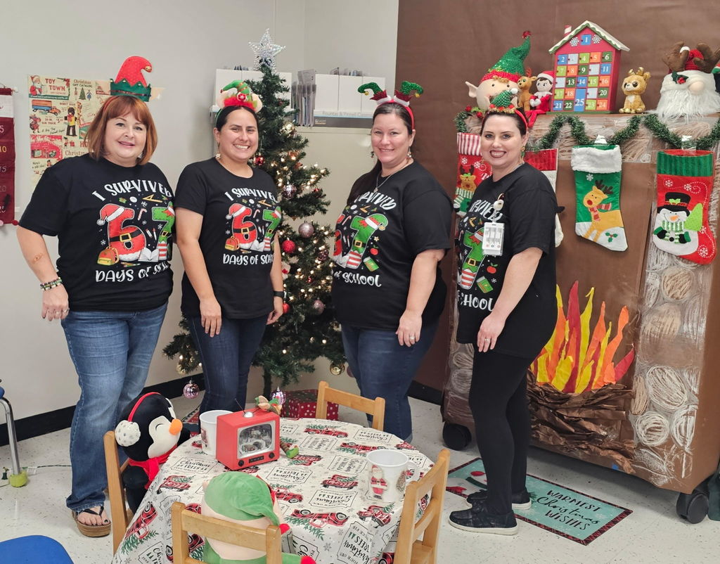 "Selfie with an Elfie! Our halls are officially under elf surveillance today! From sparkly sequins to striped socks, our students and staff definitely understood the assignment. We love seeing so much creativity and joy walking through the school!  Reminder: Don't forget that tomorrow is Rudolph/Reindeer Day!