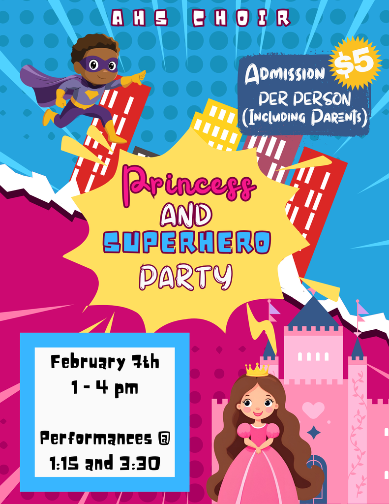 At AHS, there is always something amazing happening! Our Choir students have been working incredibly hard to put together a magical experience for the community for this coming Saturday.   Beyond just a party, this is a chance to see our talented performers in action during the 1:15 and 3:30 showtimes. Come support the arts and enjoy a fun-filled afternoon with the kids!  ✨ New Date: Feb 7th ✨ Location: AHS ✨ Entry: $5 (includes parents!)