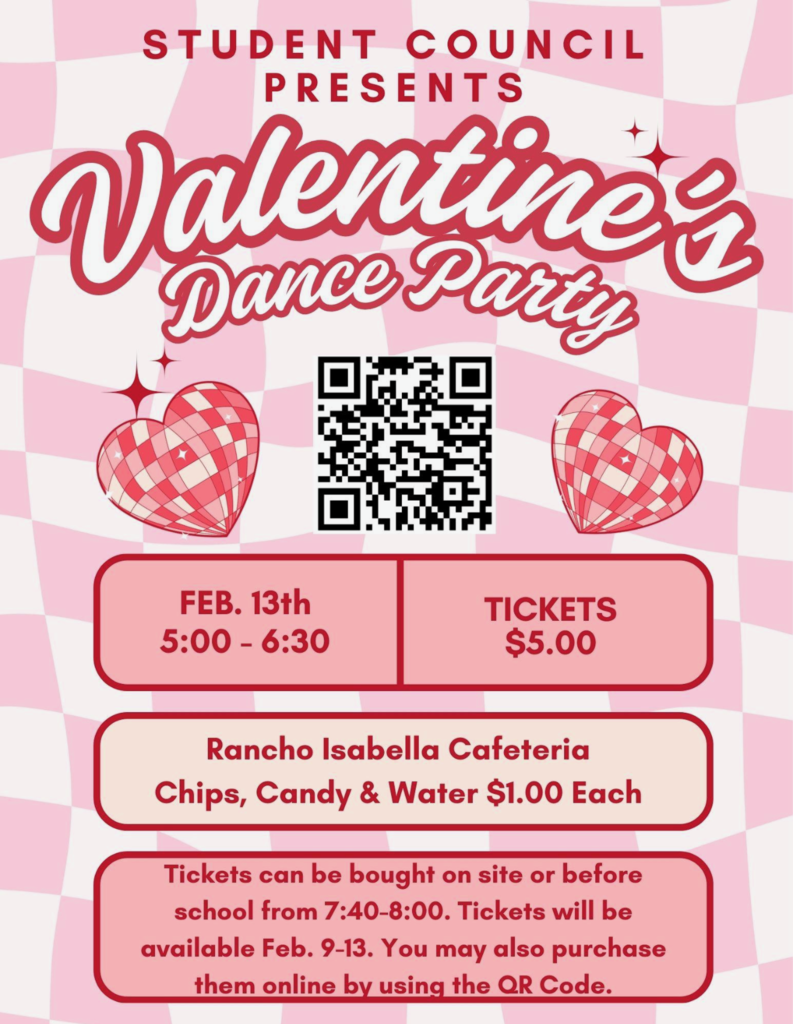 Today is the Day! 💖🕺 Don't forget—our Valentine’s Dance Party is happening TONIGHT! We can’t wait to see our Rancho Isabella families on the dance floor.  When: Tonight, Feb. 13th | 5:00 PM – 6:30 PM  Where: School Cafeteria  Tickets: $5.00 at the door  Family Info: All students and siblings are welcome, and parents are encouraged to stay!  Snacks: Chips, candy, and water for $1.00.  📸 Don't miss the Photo Booth! Stop by the Shutterbugs booth to get photo stickers printed on the spot for just $2.00 each.