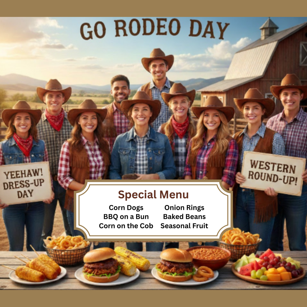 Save the date! Friday, February 20th is Go Rodeo Day at Rancho!  We’re celebrating the spirit of the trail by inviting all our students and staff to bust out the Western wear. Whether it's boots, buckles, or denim, let’s see that school spirit! To keep our outlaws and sheriffs fueled up, we’ve got a special "Chuckwagon" menu:  🌭 Corn Dogs & BBQ on a Bun  🌽 Corn on the Cob & Baked Beans  🧅 Onion Rings  🍓 Seasonal Fruit  We can’t wait to see our community come together for this fun tradition! 🌵