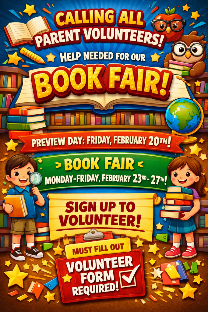 We’re recruiting volunteers for the Book Fair! Come spend a few hours helping our readers discover new worlds.  The Details:  Sign up: Visit the Upcoming Events or Calendar on ClassDojo to grab a slot.  The Form: Please also complete the required volunteer form: https://bit.ly/ateamvolunteer   We’re looking for 15 helpers for Preview Day and 8 for each day of the fair. Thank you for your incredible support! 