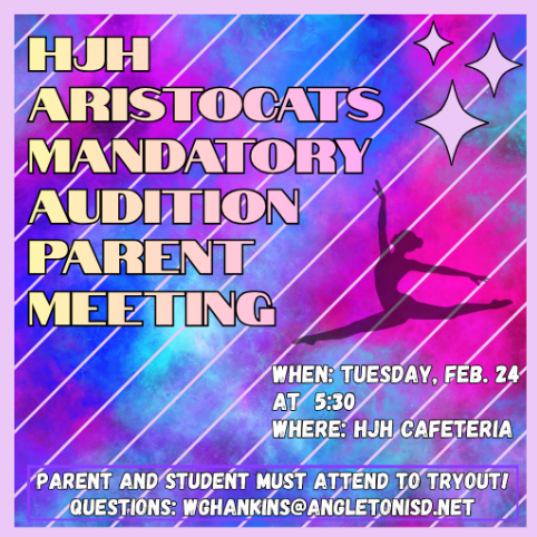 Do you have a 5th grade student interested in joining the HJH Aristocats Dance Team next year? It’s almost that time! Please join us for our Mandatory Audition Parent Meeting.  When: Tuesday, Feb. 24th @ 5:30 PM  Where: HJH Cafeteria  Important: BOTH a parent and the student must attend this meeting to be eligible for tryouts!  Get a Head Start: Join our Google Classroom now for updates, documents, and to ask any questions: 📲 Code: isu36j7h  Can’t wait to see you all there! — Wendy Hankins, HJH Dance Team Director & Cheer Coach