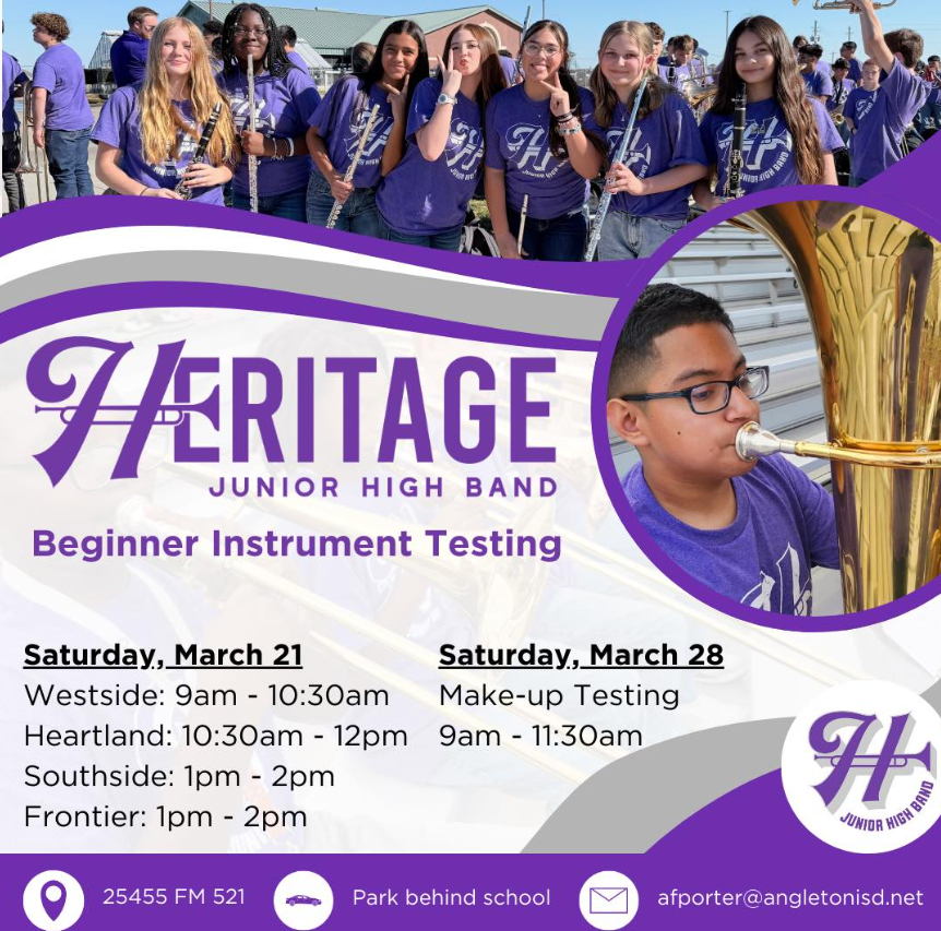 📢 Attention Incoming 6th Grade Families! 📢  It’s time to choose your instrument for next year! Join us this Saturday, March 21, for Beginner Instrument Testing at Heritage.  Schedule by Elementary School:  Westside: 9:00 AM – 10:30 AM  Heartland: 10:30 AM – 12:00 PM  Southside & Frontier: 1:00 PM – 2:00 PM  🚗 Pro-Tip: Please park behind the school as shown on the attached map. Follow the red arrows to the entrance!  Questions? Reach out to afporter@angletonisd.net. We’ll see you there! 🎵