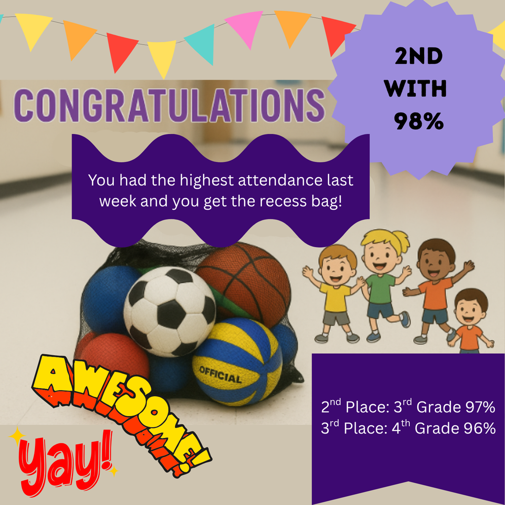 Huge congratulations to our 2nd Grade for taking the top spot last week with an incredible 98% attendance rate! Not only did they show up ready to learn, but they also earned the legendary Recess Bag for the week.  Shoutout to our 3rd and 4th graders who were right on their heels! We love seeing these hallways full of smiling faces. Let’s keep that momentum going!