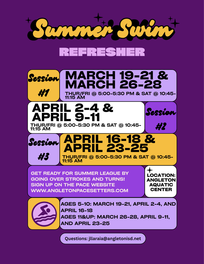 Ready to make a splash this summer?   We have two great opportunities for our students to get in the water with the Angleton Aquadillos and the Summer Swim Refresher program!  Summer Swim Refresher: Perfect for brushing up on strokes and turns. Sessions start in March and April at the Angleton Aquatic Center! Sign up at www.angletonpacesetters.com.  Aquadillos Summer Swim: Tryouts are April 20–23 for ages 5–18. The season runs through June! Register at swimangletonaquadillos.swimtopia.com.  Check out the flyers for more details on times and age groups. Let's get ready for a great season! 