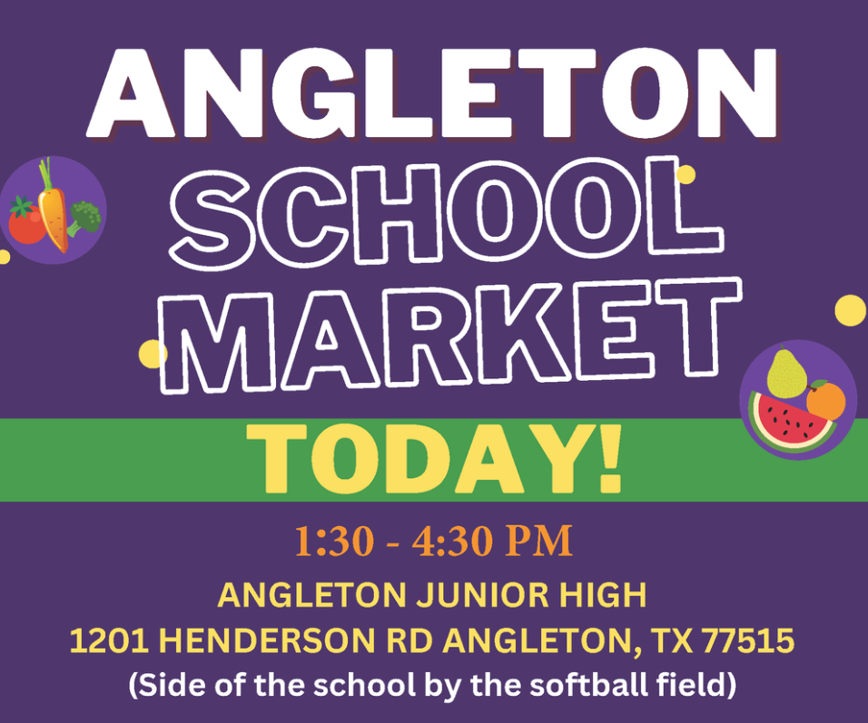 Happening TODAY: The Angleton School Market! We are so proud to host these events for our amazing students and families. Stop by between 1:30 and 4:30 PM and grab what you need. See you there!
