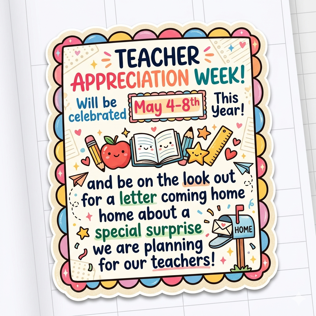 Mark your calendars! May 4-8th is all about our incredible educators.  We’ve got a special surprise in the works that we can’t wait to share. Parents, check your child's folders for a letter coming home with all the "secret" details! Let’s make this the best Teacher Appreciation Week yet!