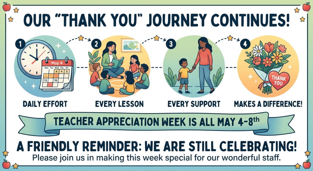 Every lesson taught, every bit of daily effort, and every act of support from our families (yes, that’s you!) makes a massive difference in the lives of our students. We are still going strong!  If you haven’t had a chance to participate in the "special surprise" we mentioned, don't worry—there's still time to help make this week unforgettable for our wonderful staff. Please check your student’s folder for details.