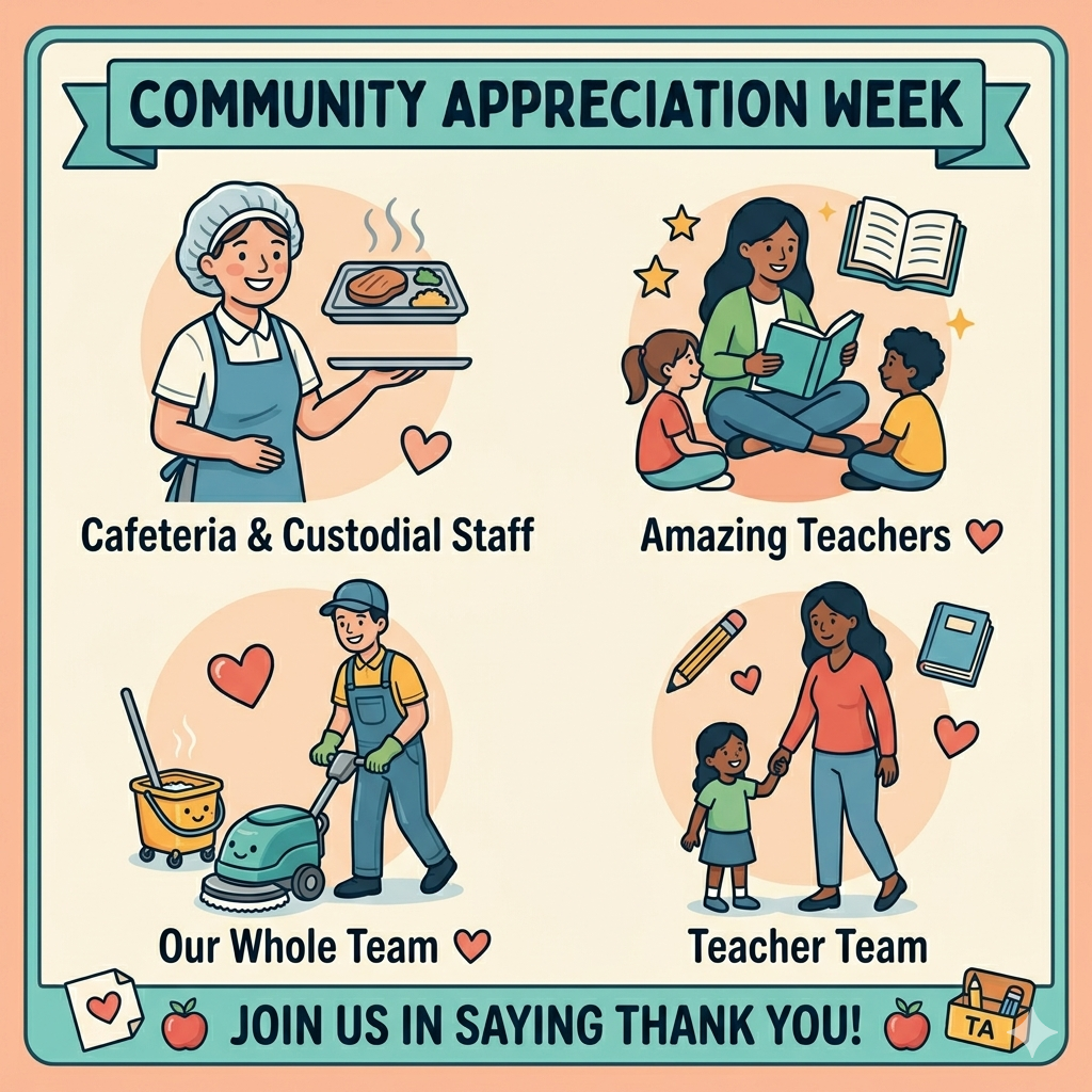It takes a village! From the classroom to the lunchroom, our staff pours their hearts into our kids every day. We want to make sure every single member of our team—teachers, custodians, and cafeteria staff—feels the love. ❤️  The clock is ticking—tomorrow is the last day! Check those folders for the "special surprise" details. Let’s finish the week strong and show our staff how much they mean to us!
