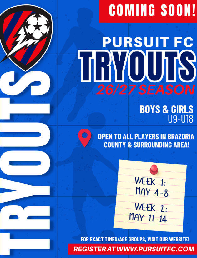Ready to suit up for Pursuit FC? 🛡️ Tryouts for the 26/27 Season are just around the corner!  ⚽️ Boys & Girls U9–U18 📍 Brazoria County & surrounding areas 🗓️ May 4–8 & May 11–14  Everything you need to know—including exact times and registration—is live on our site. See you there!  👉 www.pursuitfc.com