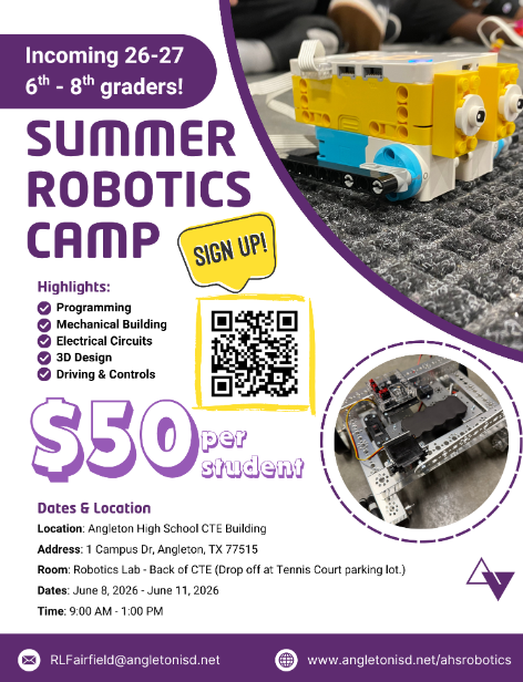 Building the future, one circuit at a time! 🤖 Highlighting the incredible opportunities our students have right here at Angleton High. We are thrilled to announce our Summer Robotics Camp for incoming 6th–8th graders!  From 3D design to programming, our students aren’t just playing with tech—they’re mastering it. We love seeing our campus become a hub for innovation even during the summer months.  📍 Where: Angleton High School CTE Building 📅 When: June 8 – June 11 | 9:00 AM - 1:00 PM 🔗 Register: Scan the QR code in the image or visit www.angletonisd.net/ahsrobotics